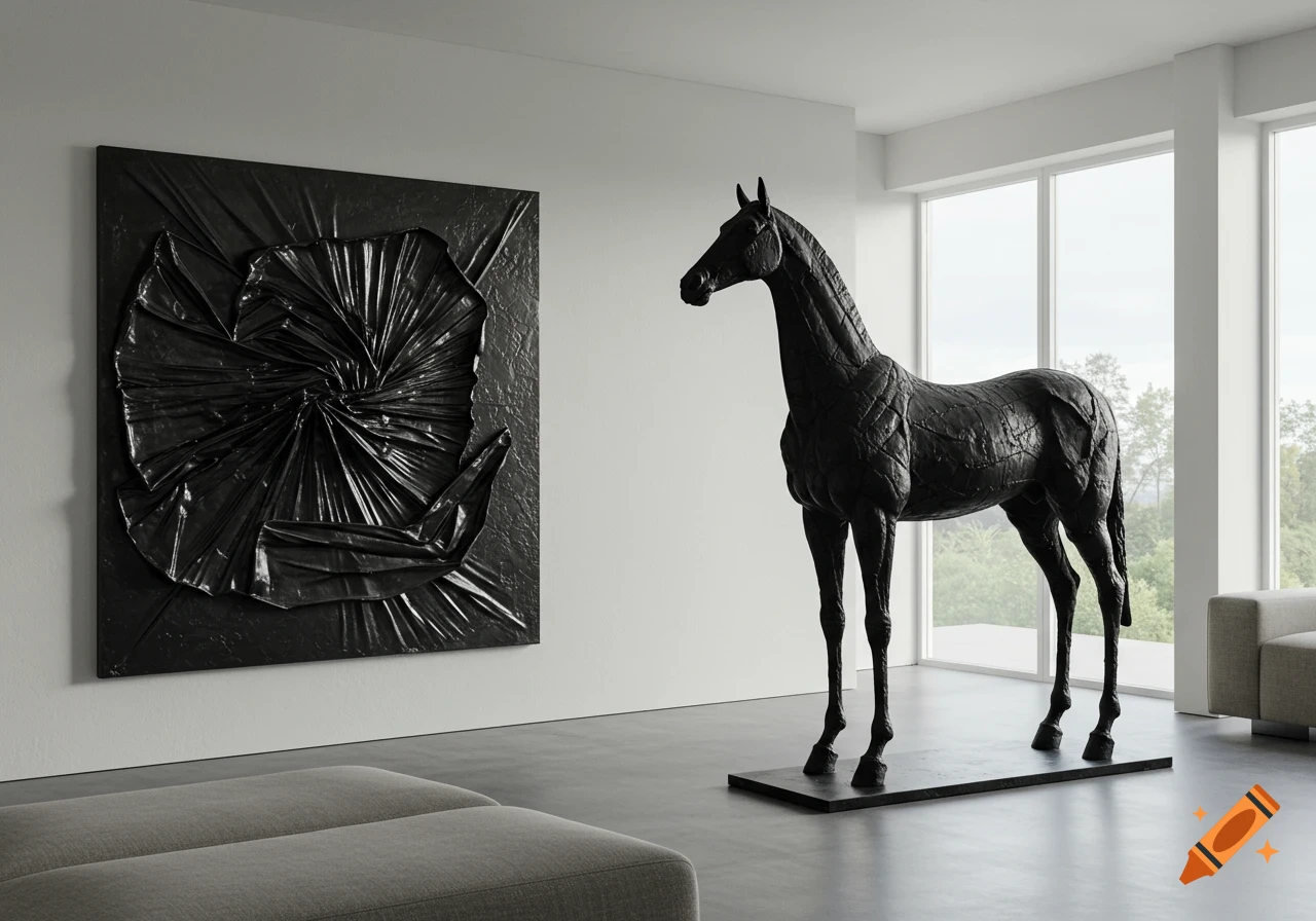 Minimalist contemporary interior with a black abstract horse sculpture and a folded relief artwork on a white wall.