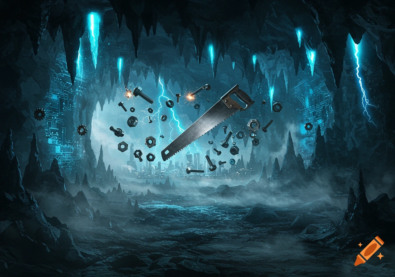 A hacksaw, bolts, and nuts float amidst electric blue lightning in a dark, futuristic cave with a distant city.