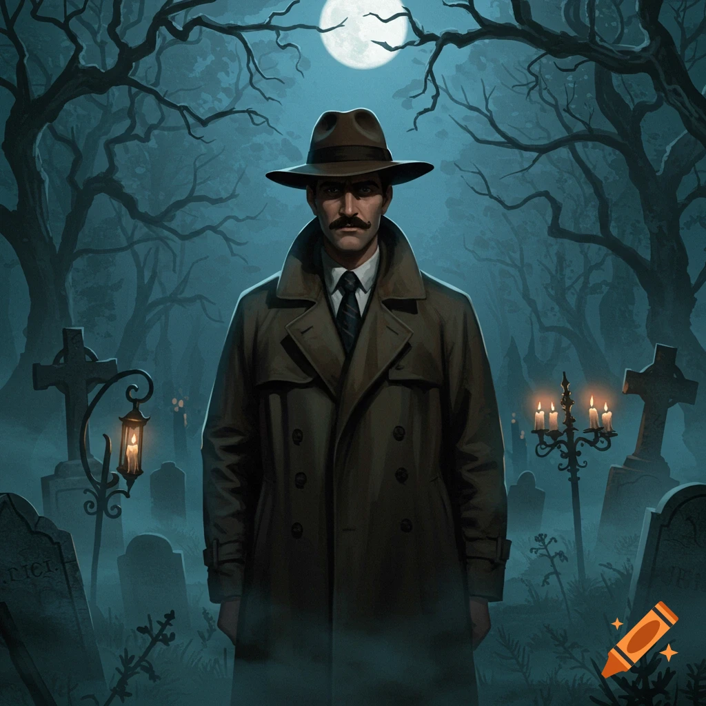 A mysterious man with a mustache and fedora stands in a foggy graveyard at night under a full moon, cinematic horror style.