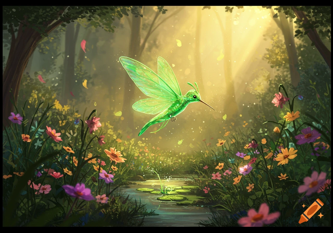 A magical green hummingbird-like fairy creature hovers over a stream in an enchanted forest filled with vibrant flowers and glowing light.