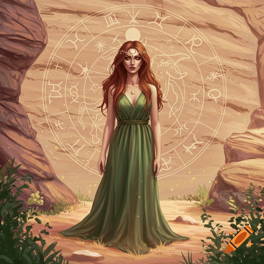 A red-haired woman in a green dress stands in a desert landscape, framed by a circle of astrological glyphs. Digital painting.