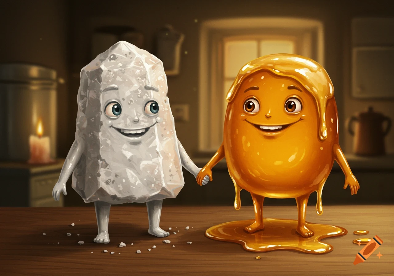 A cartoon salt character and a honey character holding hands on a wooden table.