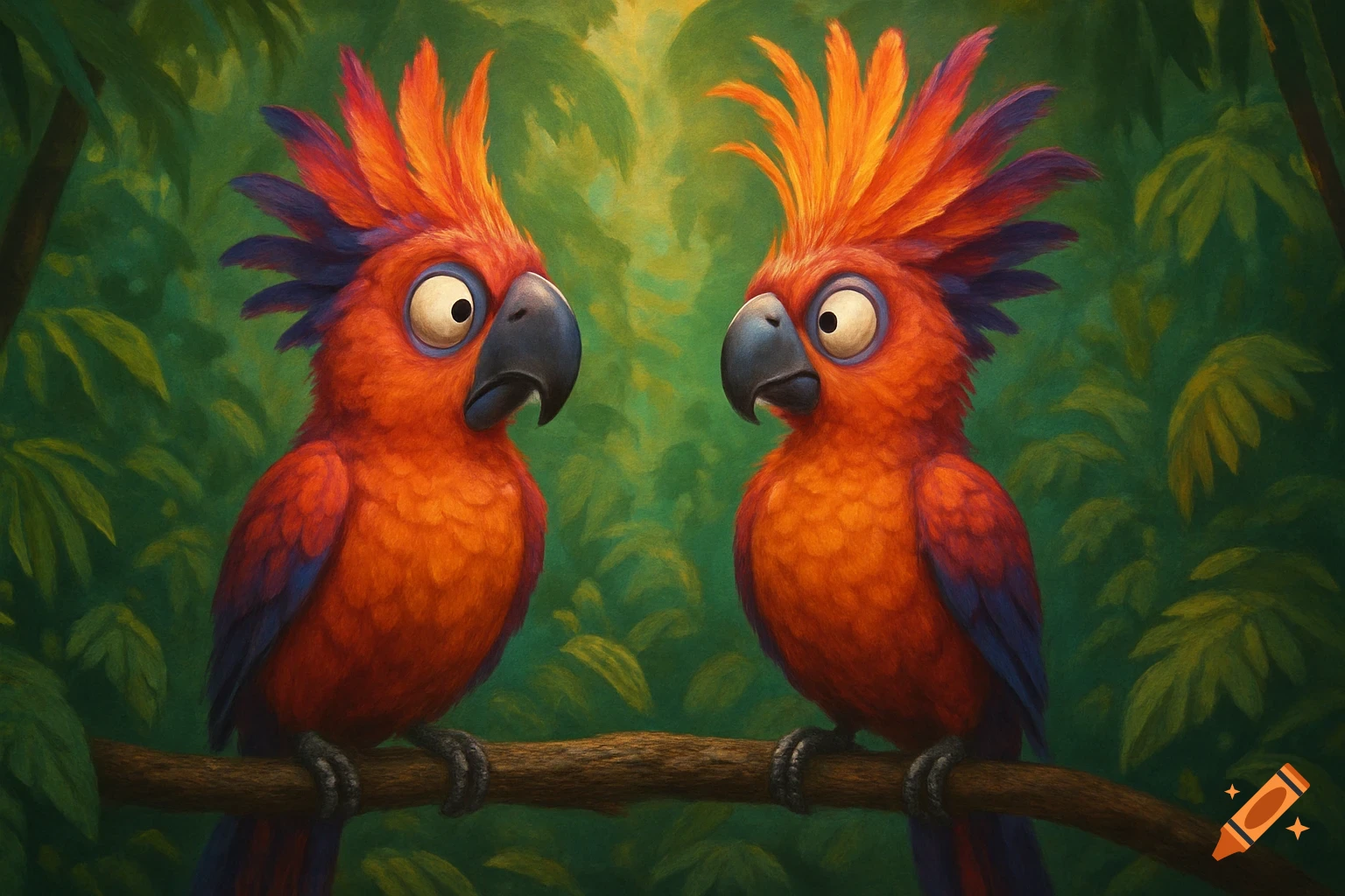 Two wide-eyed cartoon parrots with orange and purple crests stare at each other on a branch in a vibrant green jungle.