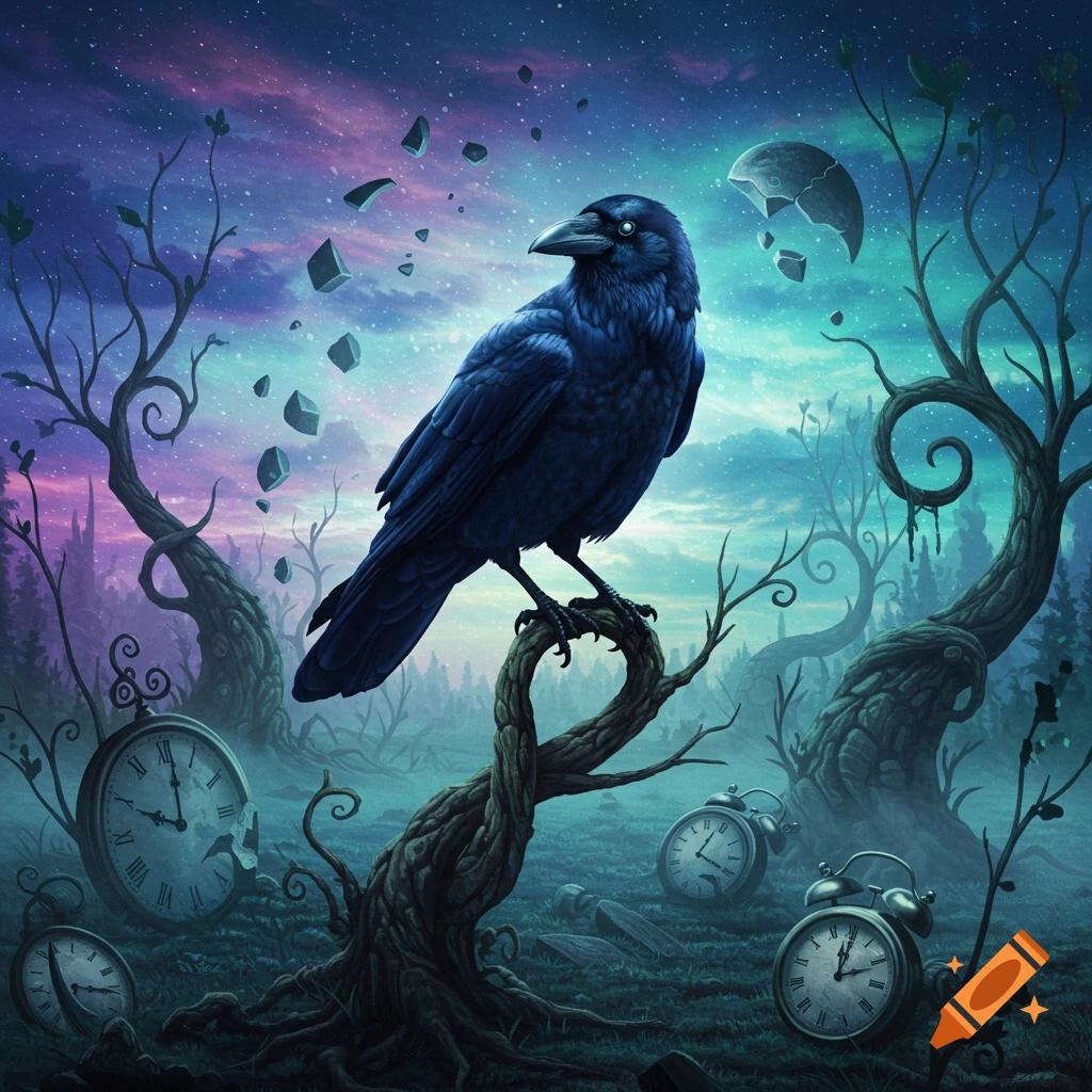 Dark blue crow on a twisted tree branch in a surreal twilight landscape with floating rocks, broken clocks, and a shattered moon under a starry sky.