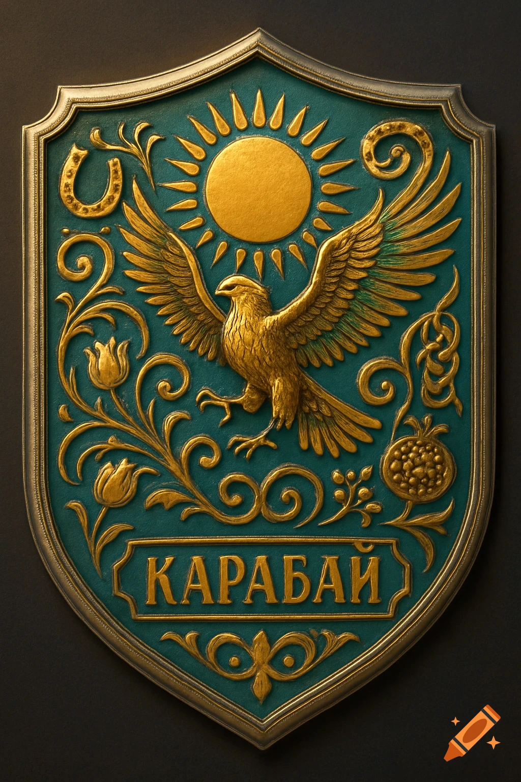 A detailed golden and teal family crest shield featuring an eagle, sun, floral patterns, and the name 'КАРАБАЙ'.