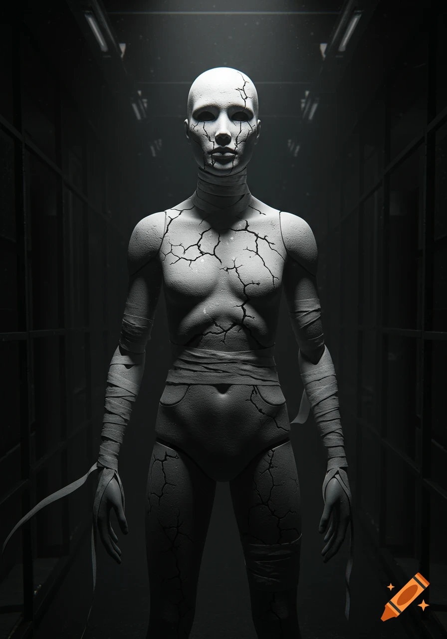 A full-body shot of a cracked, bandaged, pale white mannequin-like figure standing in a dark, confined space.
