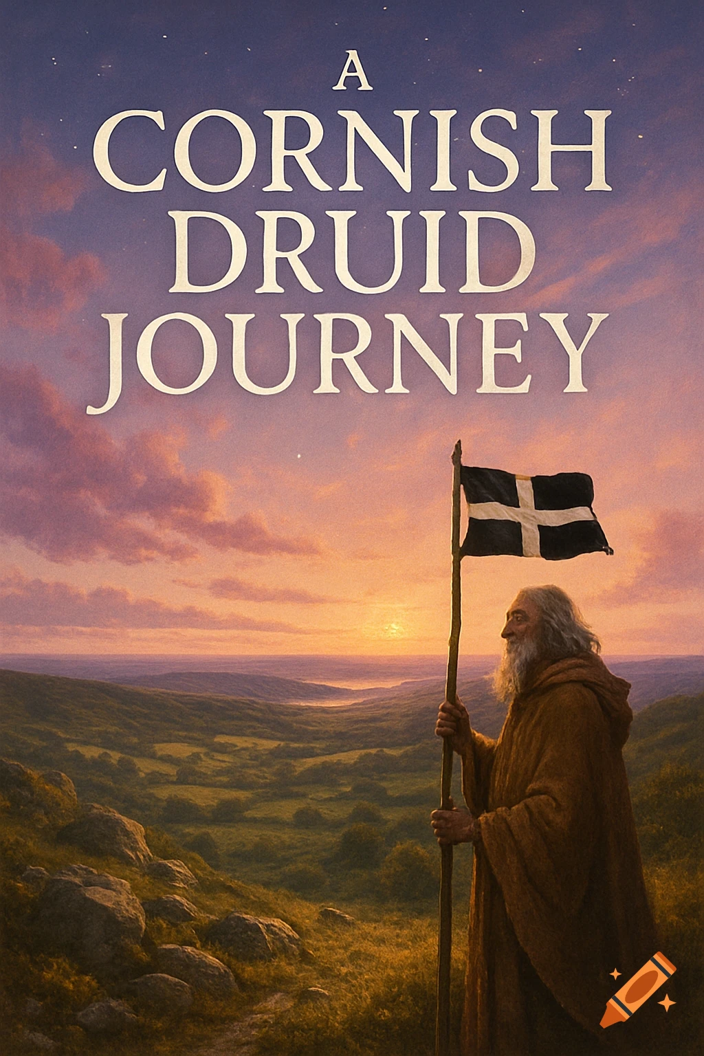 A book cover featuring an old druid holding a Cornish flag, looking over a lush valley at sunset, with the title 'A Cornish Druid Journey'.