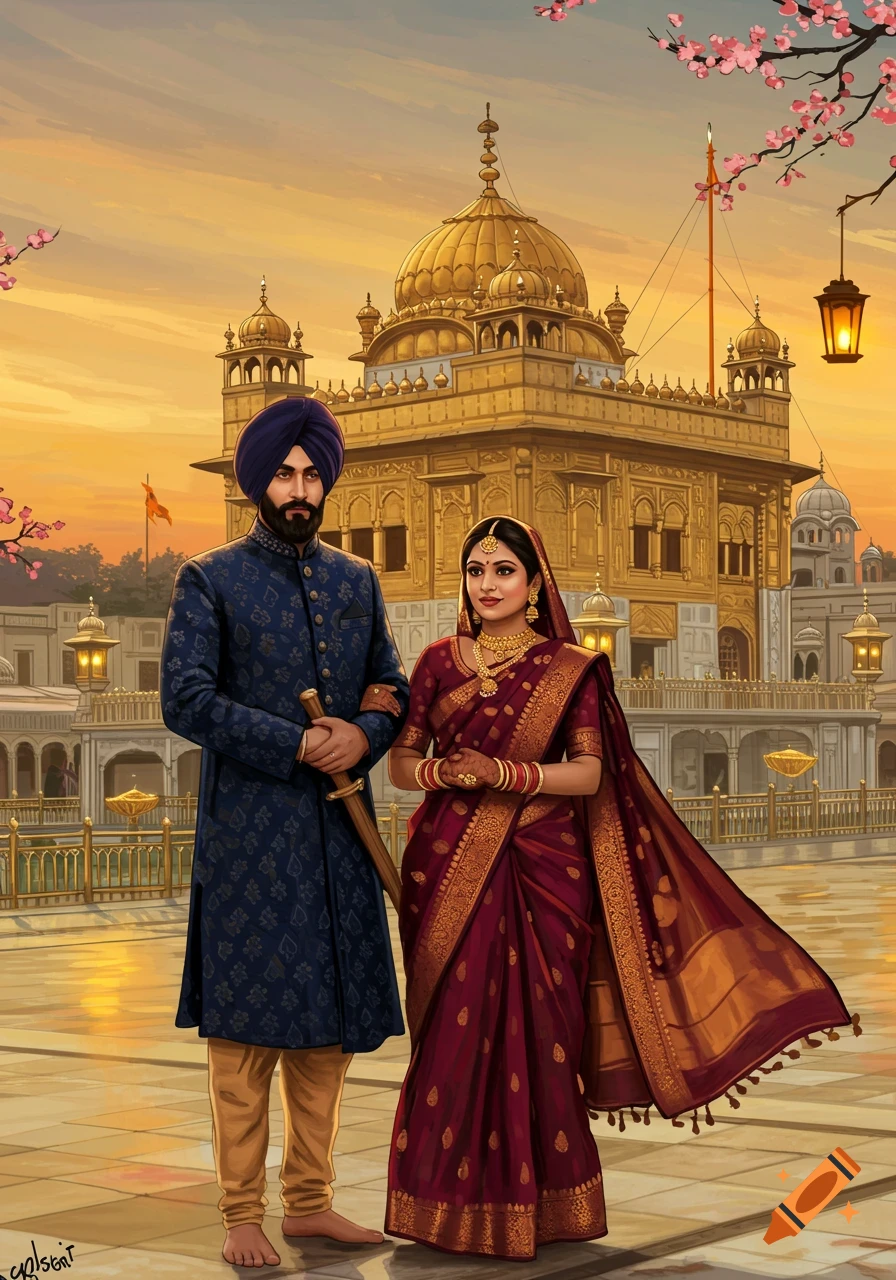 A Sikh couple in traditional attire stands before the Golden Temple at sunset, illustrated.