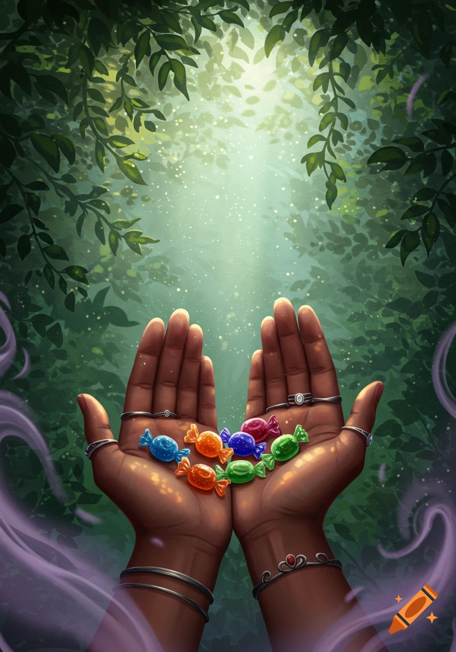 Illustrated hands adorned with rings hold colorful candies, bathed in sparkling light within a vibrant, magical forest with purple wisps.
