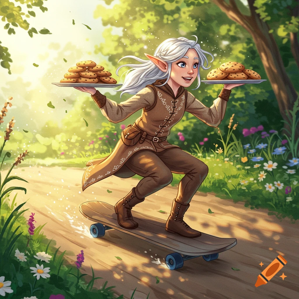 A smiling white-haired elf in a brown tunic skateboards down a sunny forest path, balancing trays of cookies.