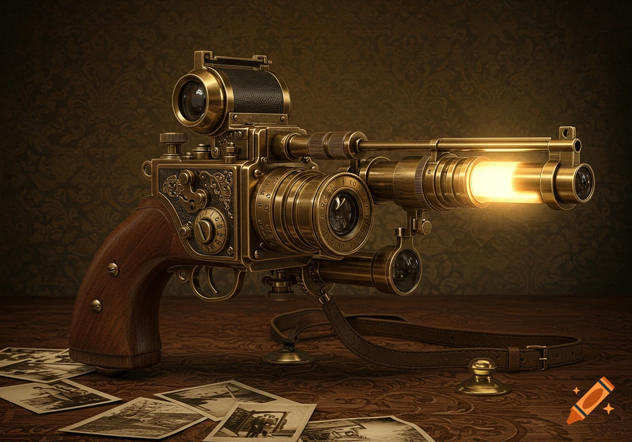A steampunk-style camera-gun made of brass and wood, with a glowing barrel, sits on a wooden table with scattered vintage photos.