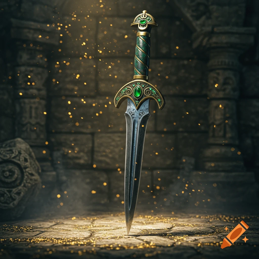 An ornate, green-jeweled dagger stands point-down on a stone floor amidst golden sparkles in a dark, ancient ruin.