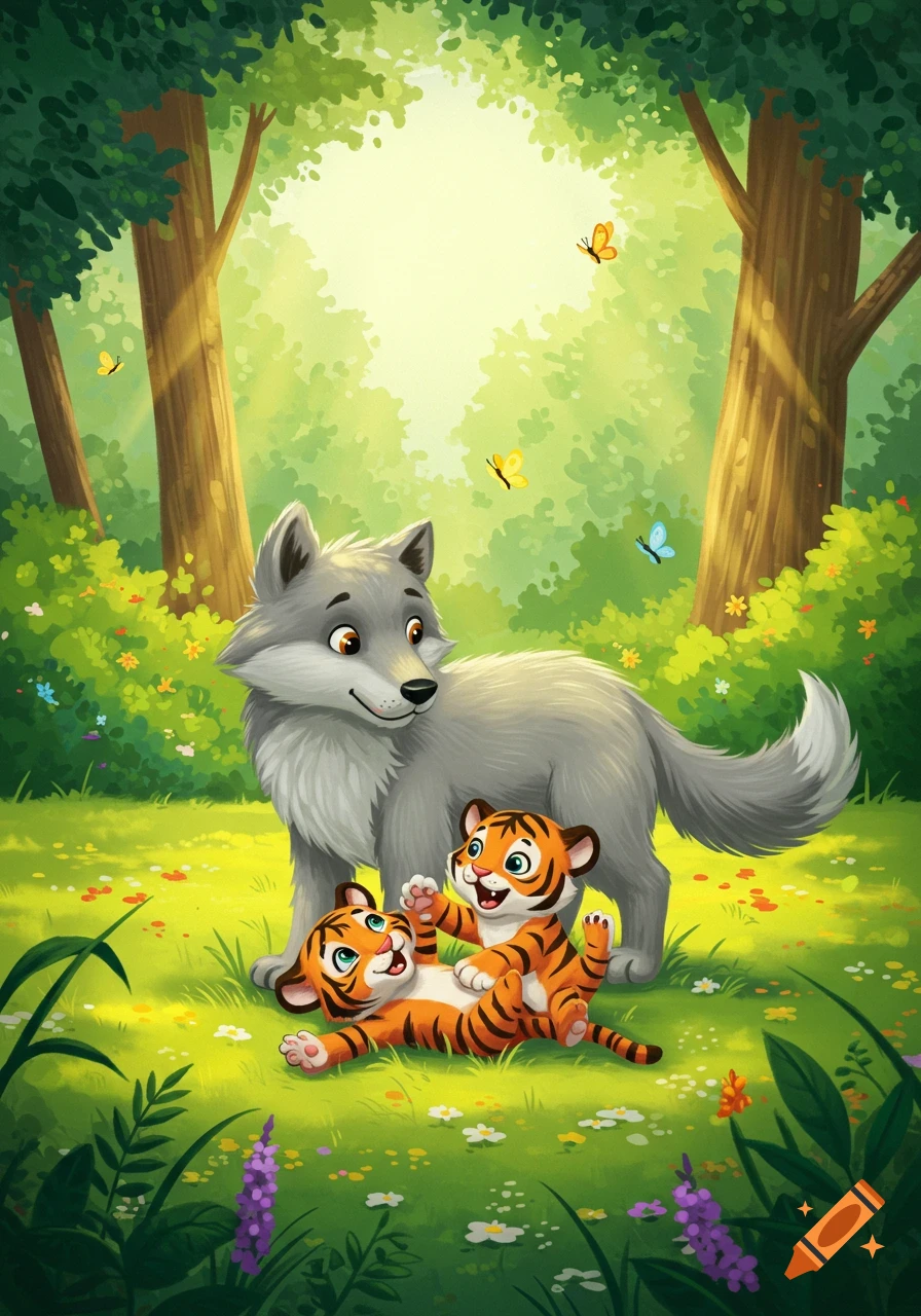 A friendly cartoon wolf watches two playful tiger cubs in a sunny forest with butterflies and flowers, in an illustration style.