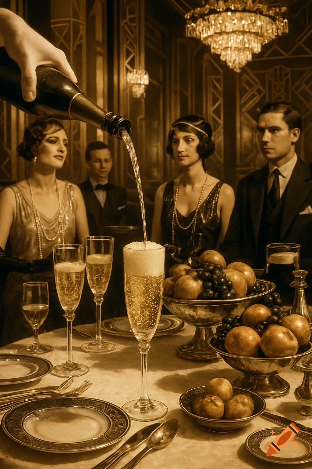 A sepia-toned, photorealistic image of a hand pouring champagne into a glass at a formal 1920s party table with guests.