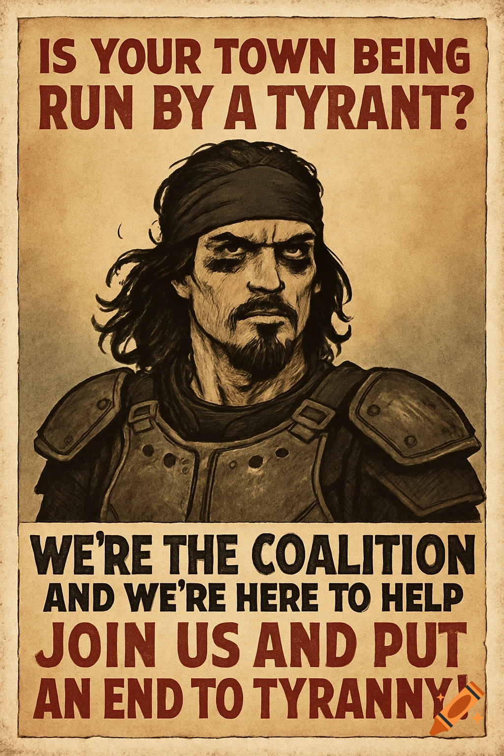 A hand-drawn propaganda poster in sepia tones depicts a stern man with a bandana and armor. Text calls for joining a coalition against tyranny.