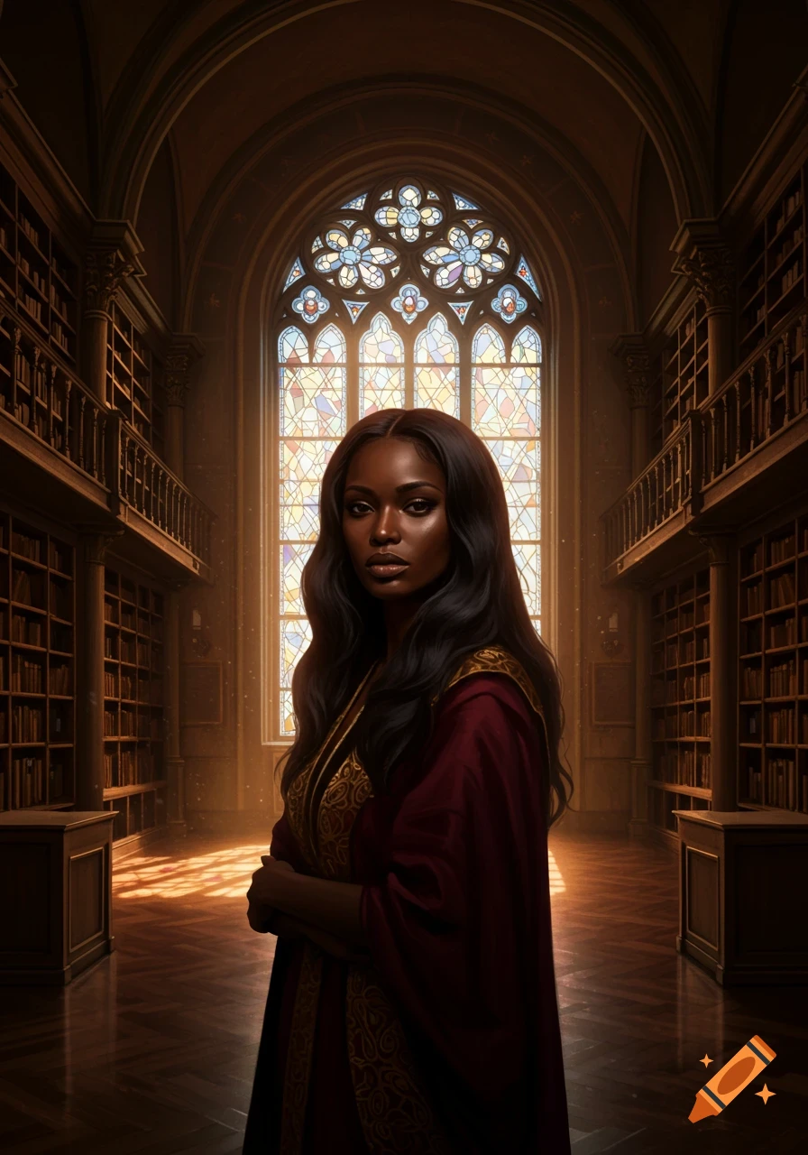 A striking Black woman in a long, dark red and gold robe stands in a grand, dimly lit library with a large stained glass window.