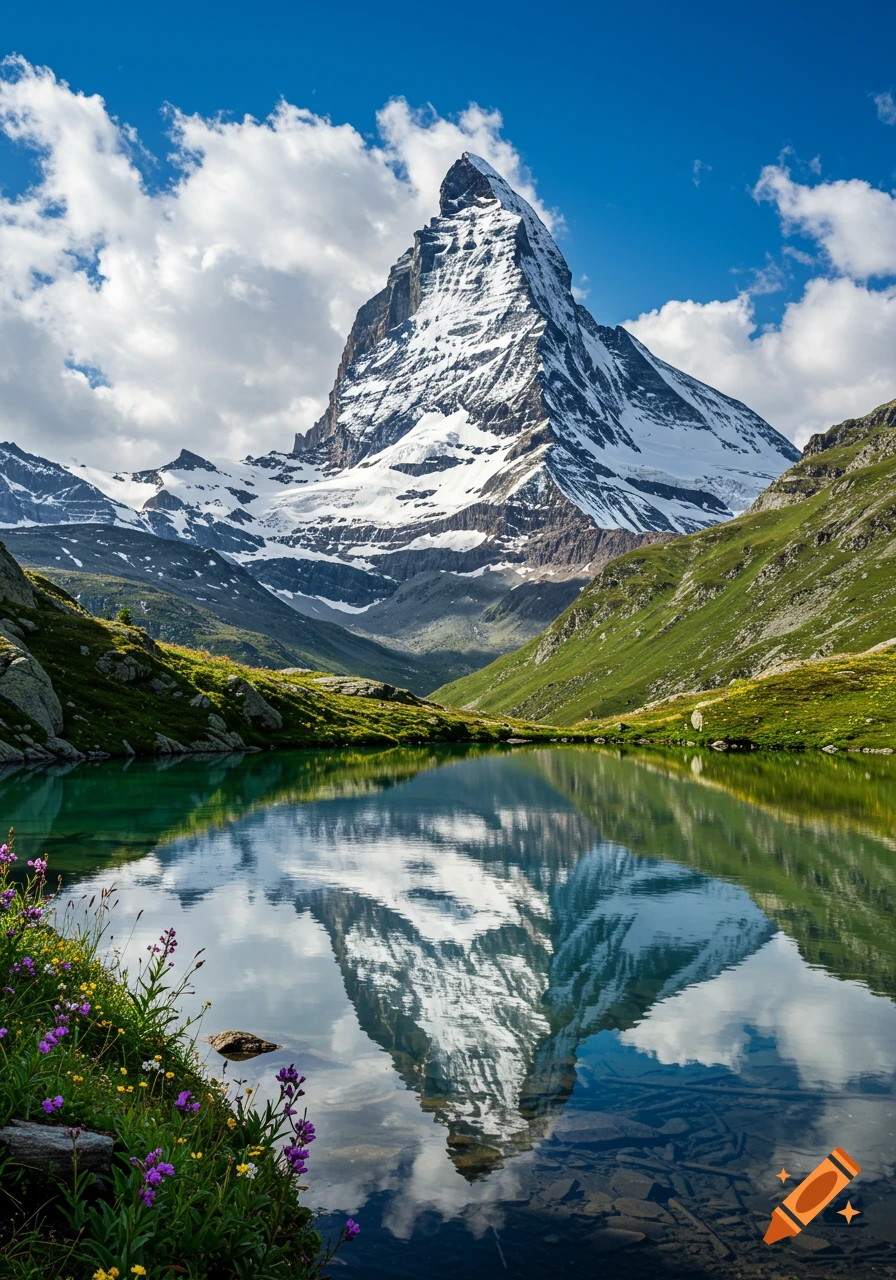 Photorealistic view of a majestic snow-capped mountain reflected in a clear alpine lake with green slopes and wildflowers.