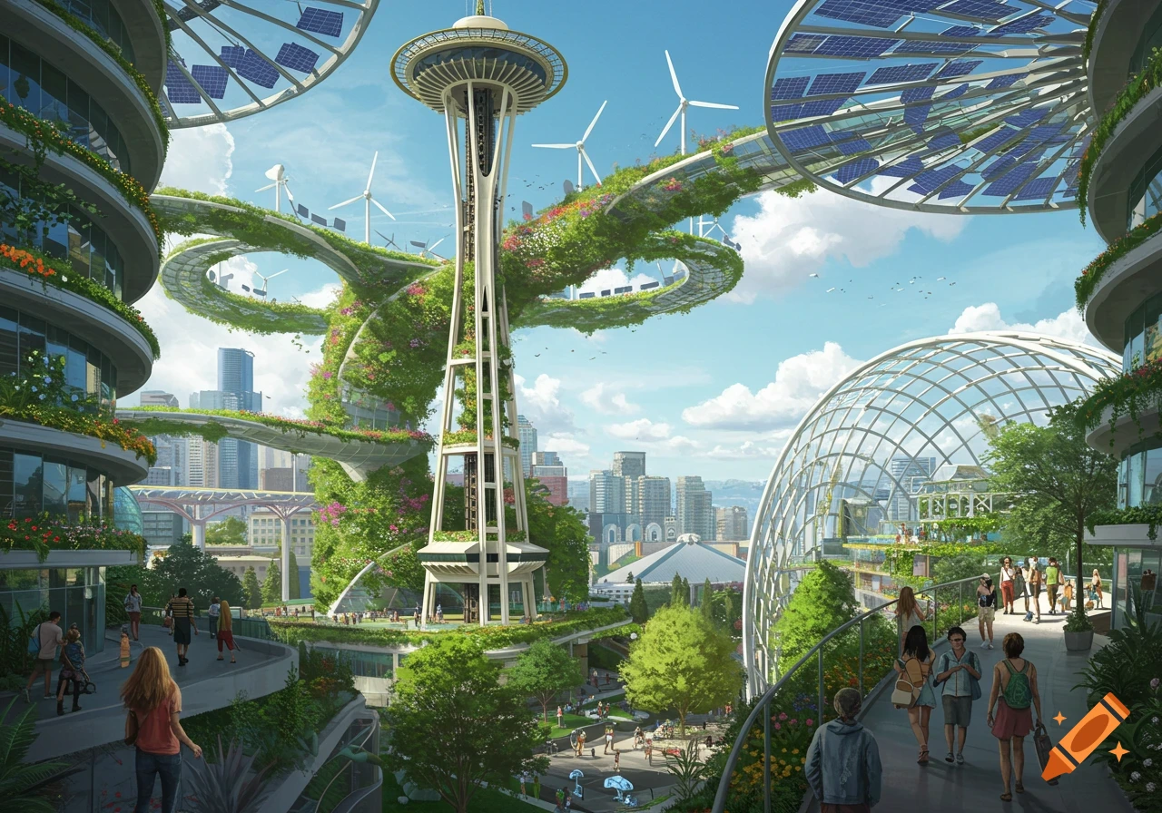 Lush solarpunk Seattle cityscape, with the Space Needle covered in greenery, sustainable buildings, solar panels, and people in a vibrant urban park.