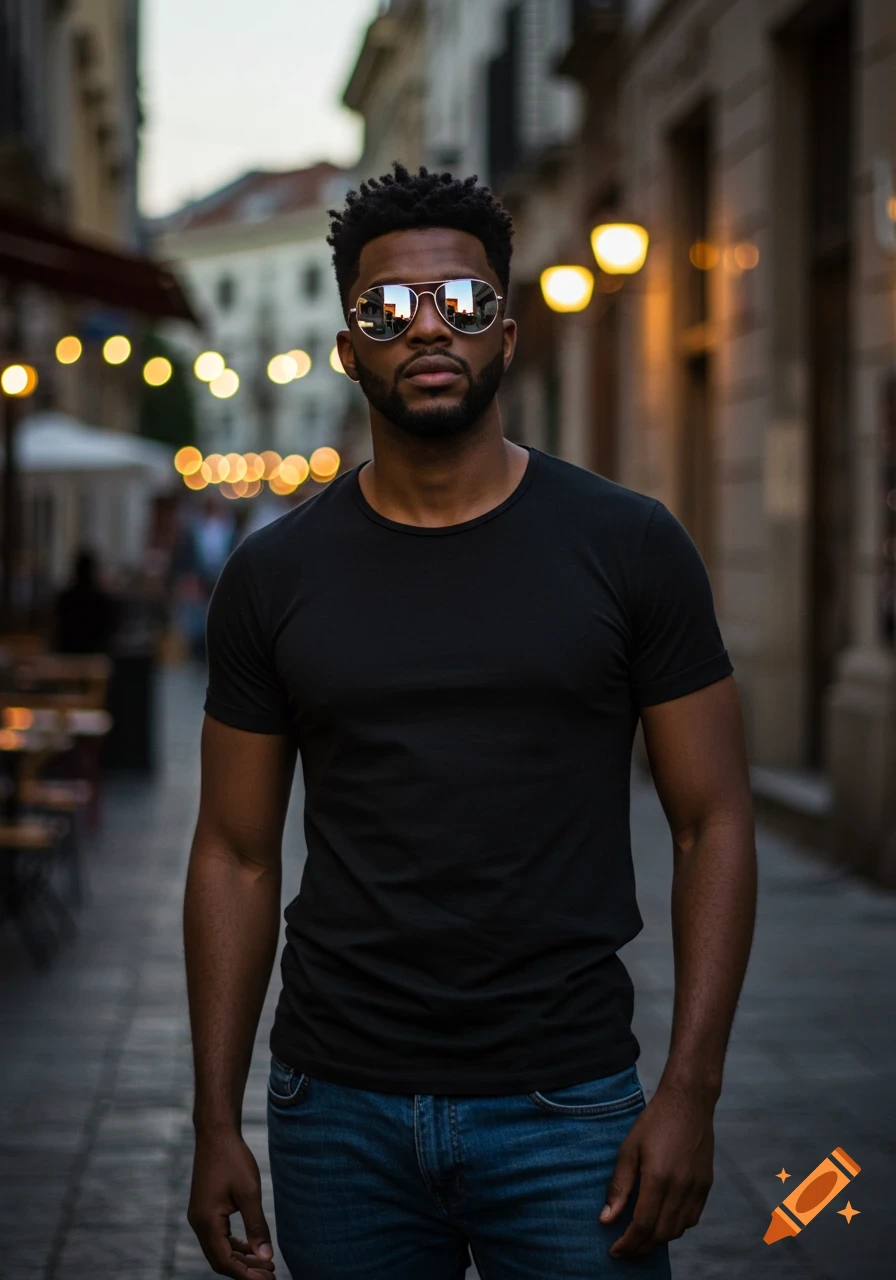 A photorealistic portrait of a stylish young Black man with a beard and sunglasses, standing on a city street at dusk with blurred lights.