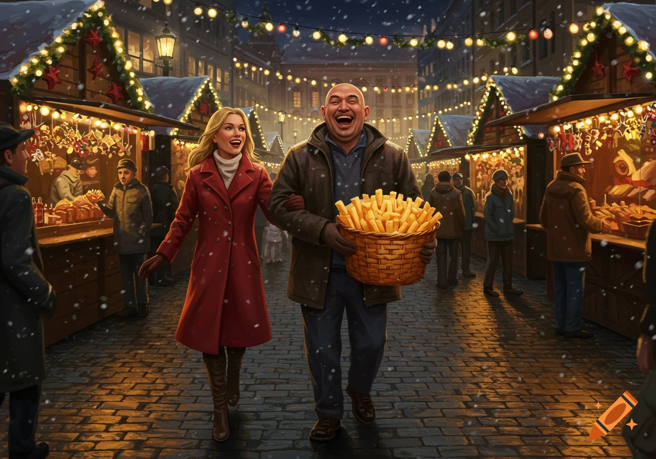 A smiling couple walks through a snowy Christmas market at night, adorned with festive lights, the man carrying a large basket of fries.
