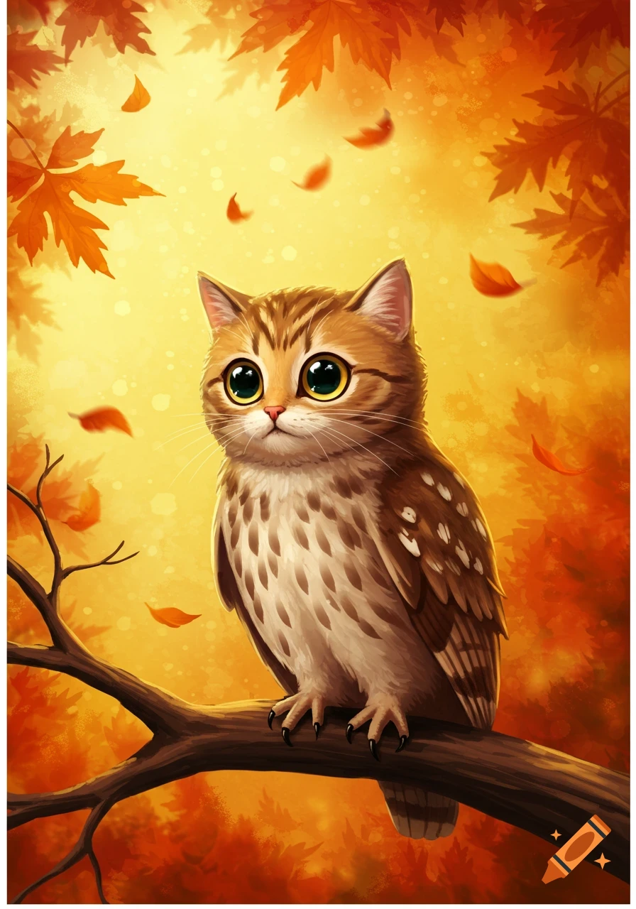 A cute cartoon cat-headed owl with big anime eyes sits on a tree branch among falling autumn leaves in soft light.