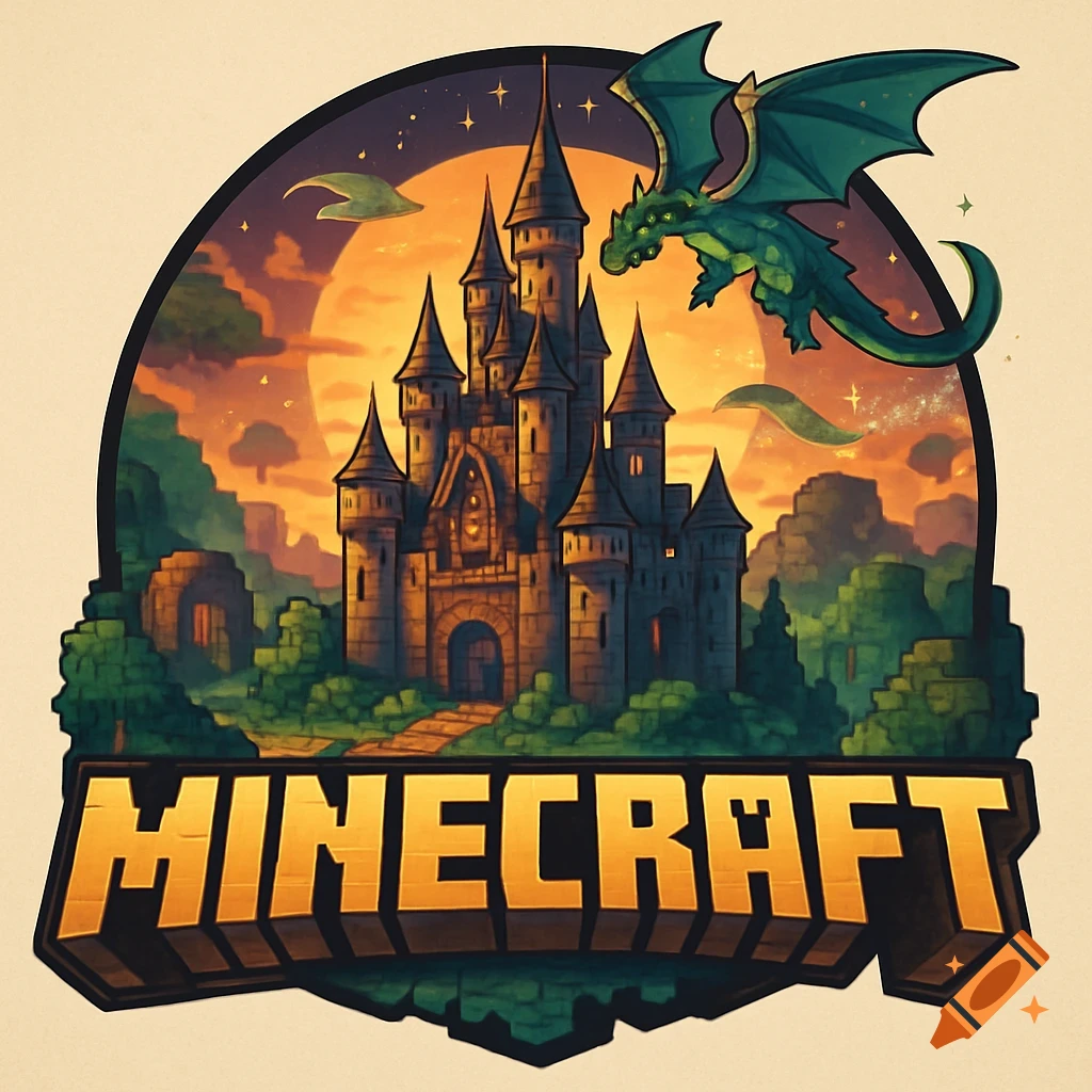 A stylized logo featuring a fantasy castle, a green dragon, and the word 'MINECRAFT' against a sunset sky and blocky terrain.