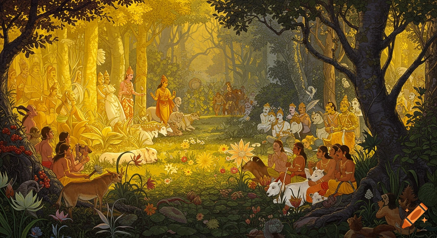 A vibrant mythological illustration of a large gathering of figures and animals in a golden, lush forest, with a radiant clearing in the center.