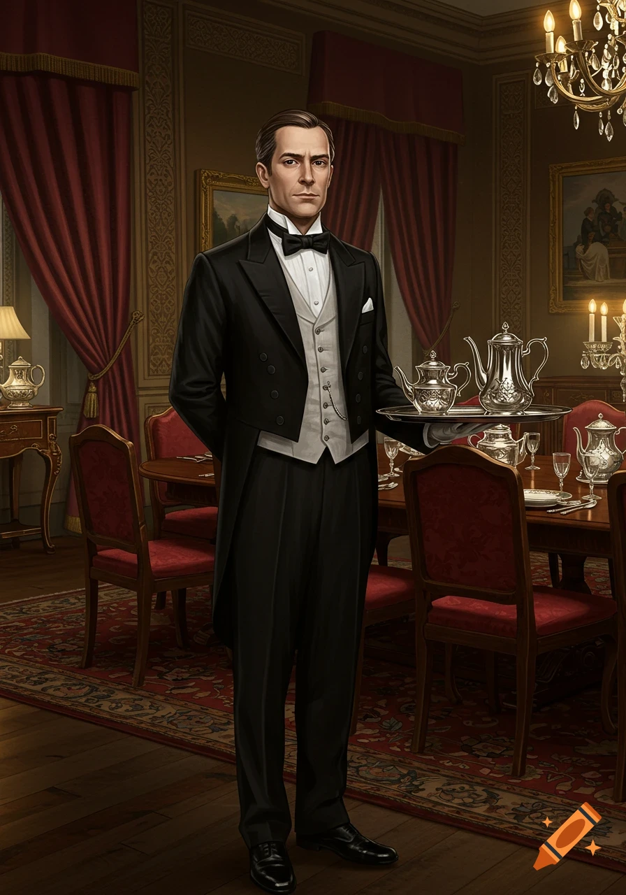 A formal butler in a tuxedo, holding a silver tray with teapots, stands in an elegant dining room.