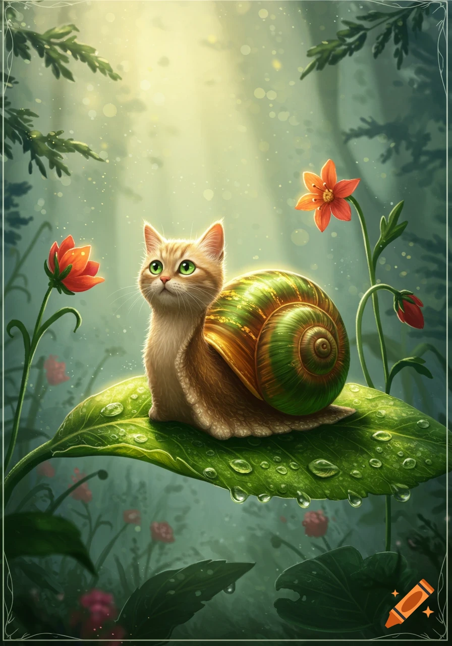 Cute ginger cat with a green and gold snail shell on its back, sitting on a dewy leaf in a magical forest illustration.