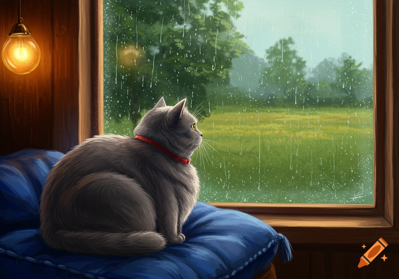 A gray cat with a red collar sits on a blue pillow, looking out a window at a rainy countryside. Illustrated.