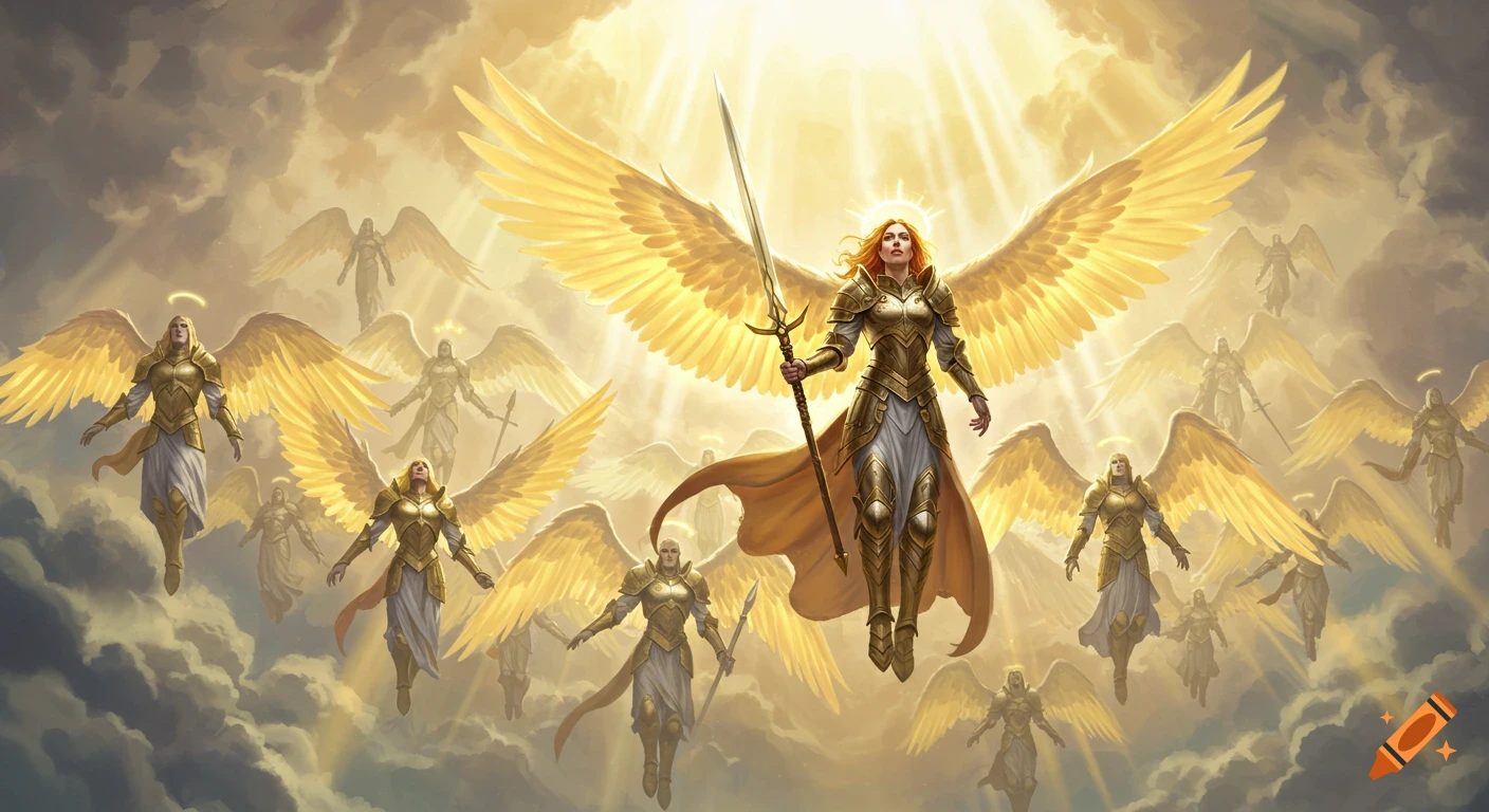 A lead angel with a sword flies amidst a host of armored angels in a brilliant, holy sky, in an epic fantasy art style.