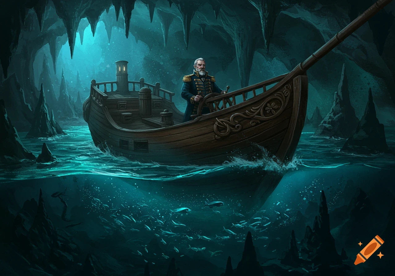 A detailed digital art piece of a Victorian captain on a ship, sailing through a dark, mysterious underground cave with fish.
