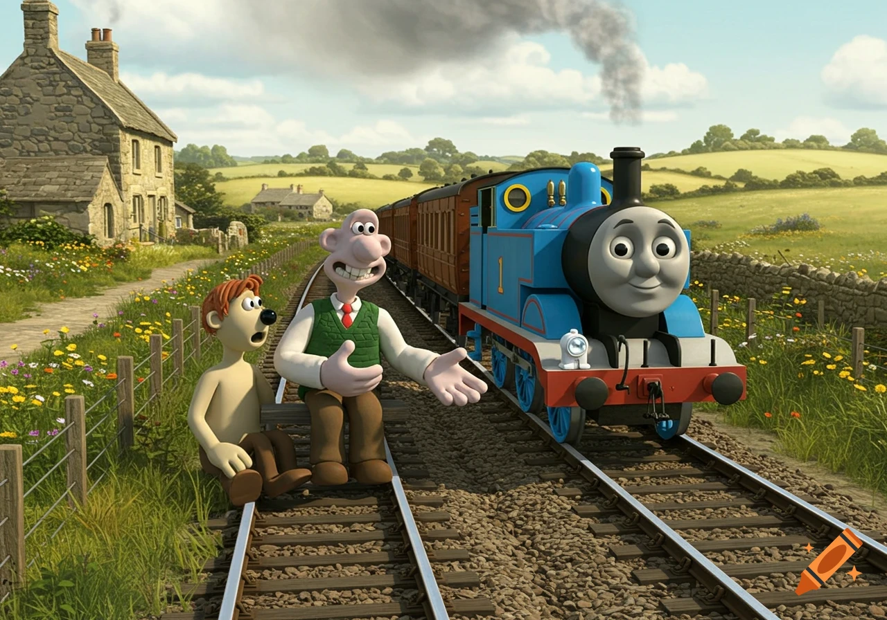 Wallace and Shaun the Sheep sit on train tracks as Thomas the Tank Engine passes by in a green countryside.