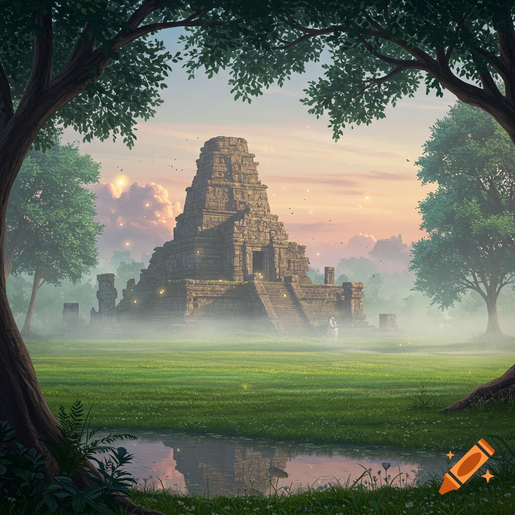 An ancient stone temple, pyramid-shaped, stands in a misty, ethereal green landscape framed by trees, with its reflection in a still pond.
