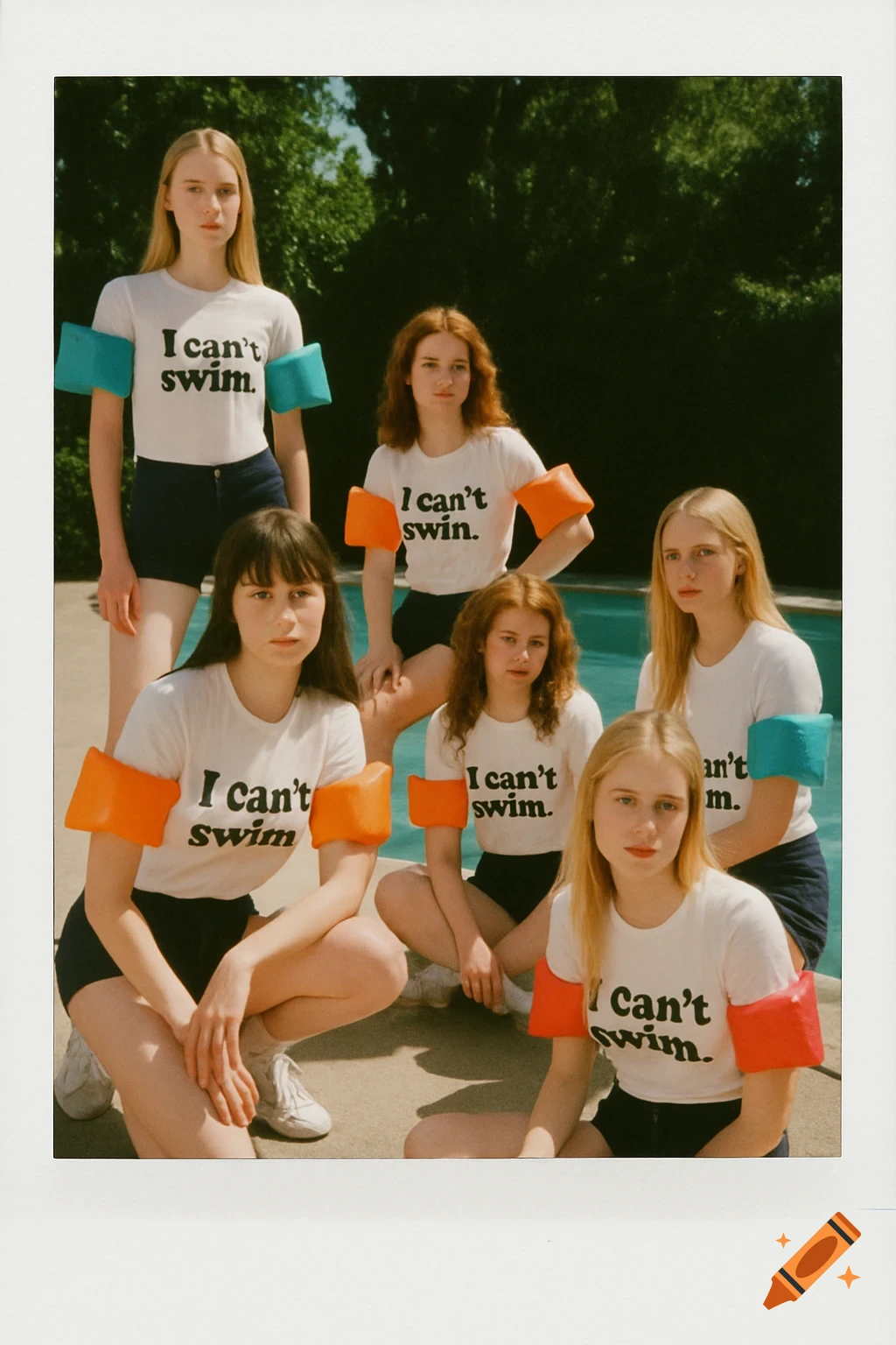 Six young women pose by a swimming pool, wearing white t-shirts that say "I can't swim," black shorts, and colorful water wings. The image has a photorealistic, vintage polaroid style.