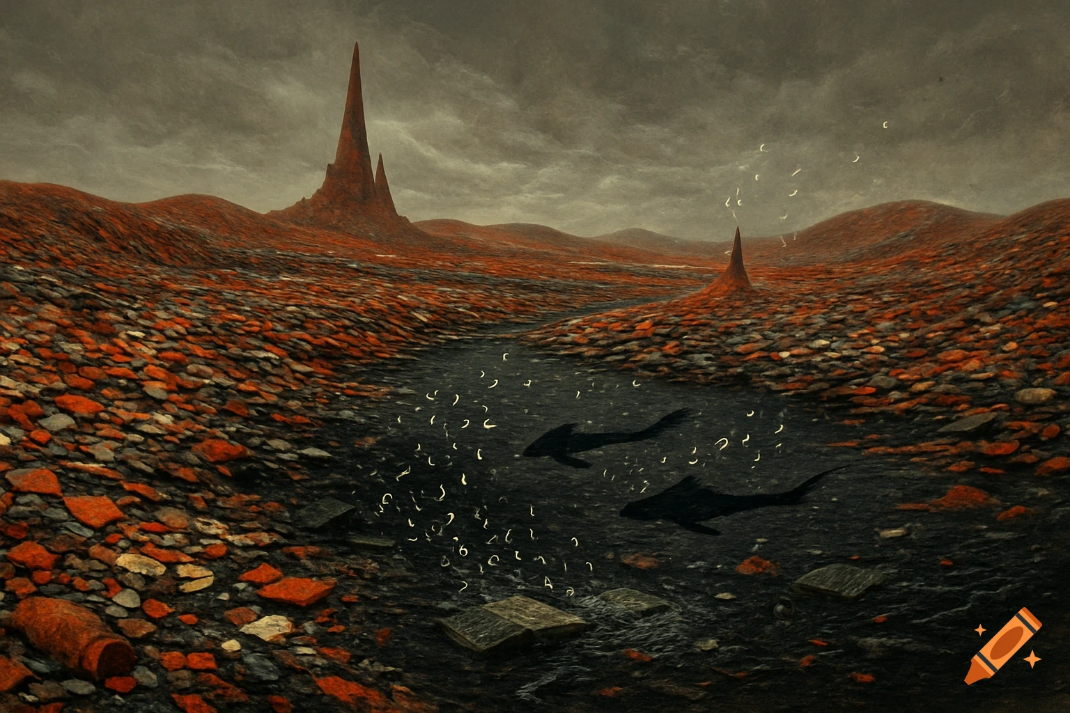 A desolate, alien landscape with red and gray rocky terrain, dark water with floating abstract letters, and shadowy fish-like creatures.