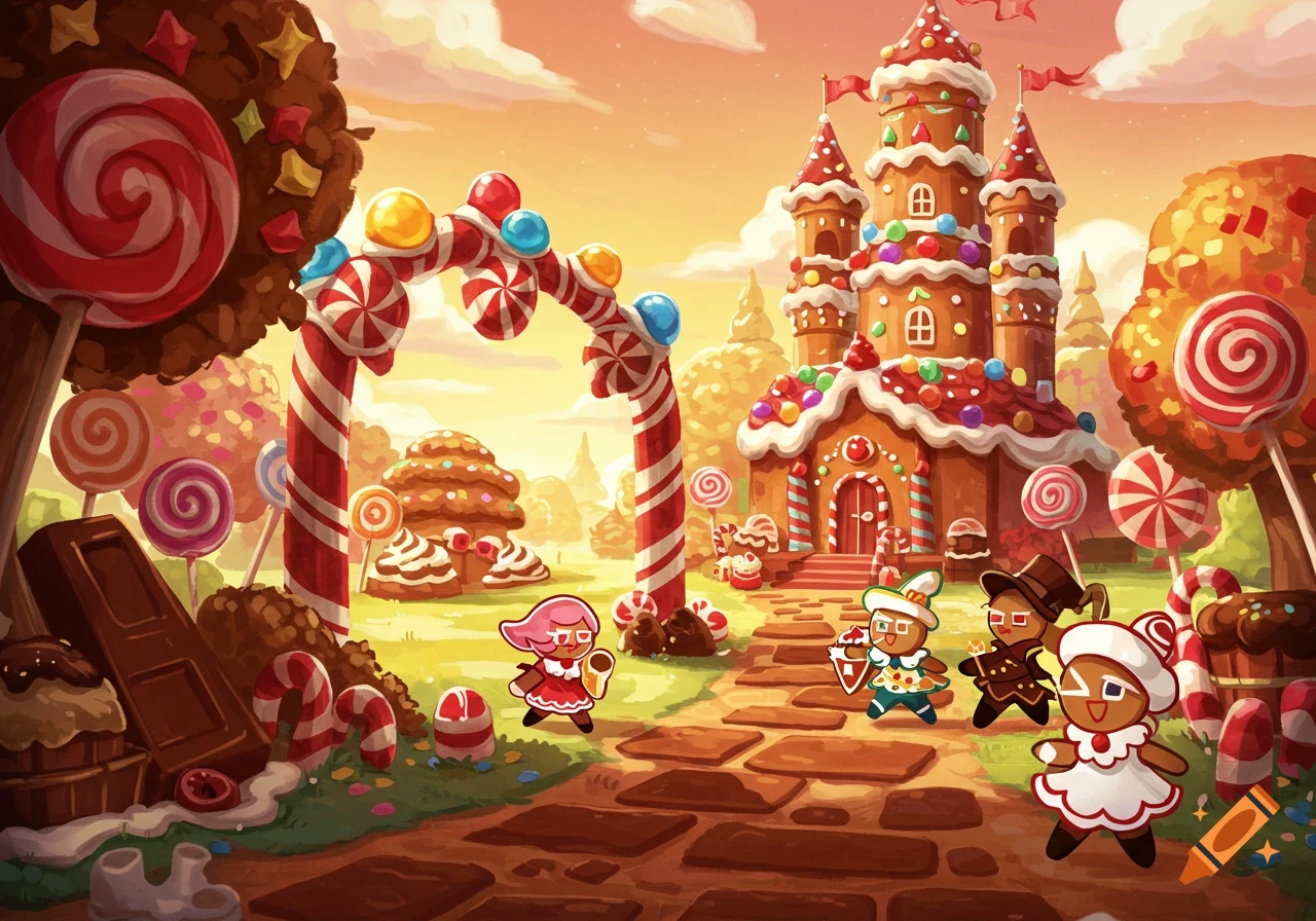 A vibrant cartoon landscape features gingerbread cookie characters in a candy kingdom with a castle and lollipop trees.