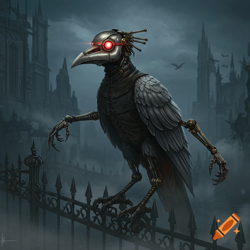 A dark, detailed steampunk mechanical plague doctor bird with glowing red eyes and metallic arms perches on a gothic fence with a foggy castle in the background.