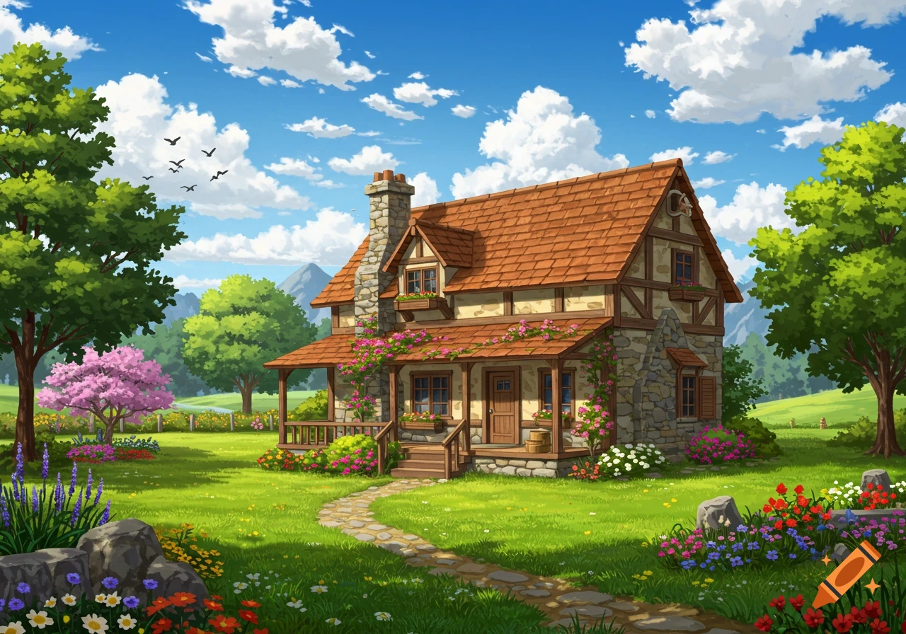 Charming digital art painting of a stone and wood cottage with a red roof, surrounded by flowers, trees, and green grass under a blue sky.
