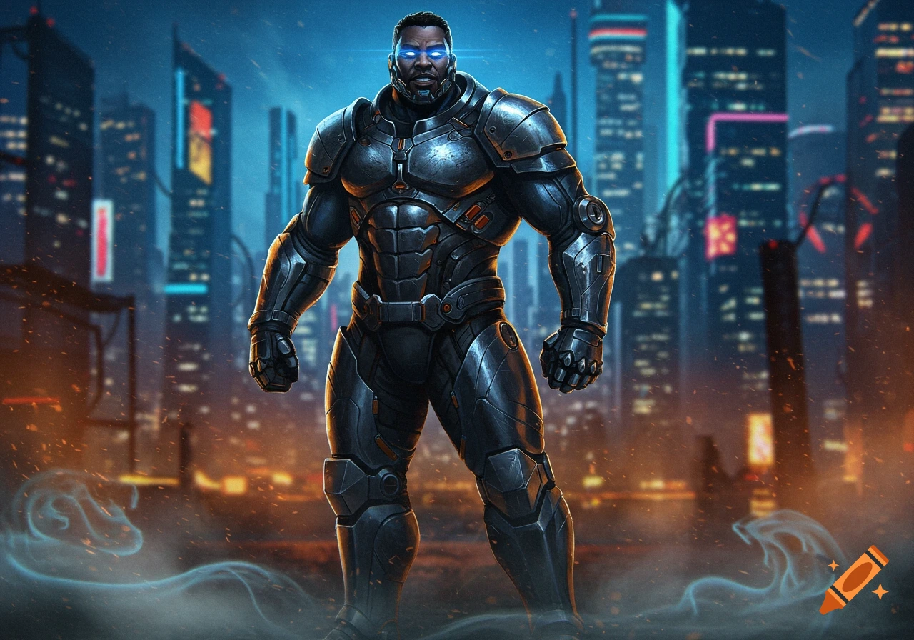 Muscular Black man in dark futuristic armor with glowing blue eyes stands in a fiery cyberpunk city.