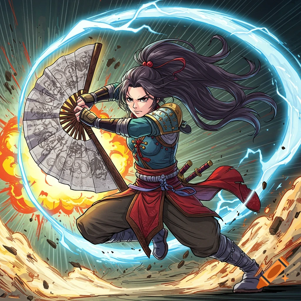 Comic art of a female warrior in armor with a combat fan, leaping in an explosion with a blue energy aura.
