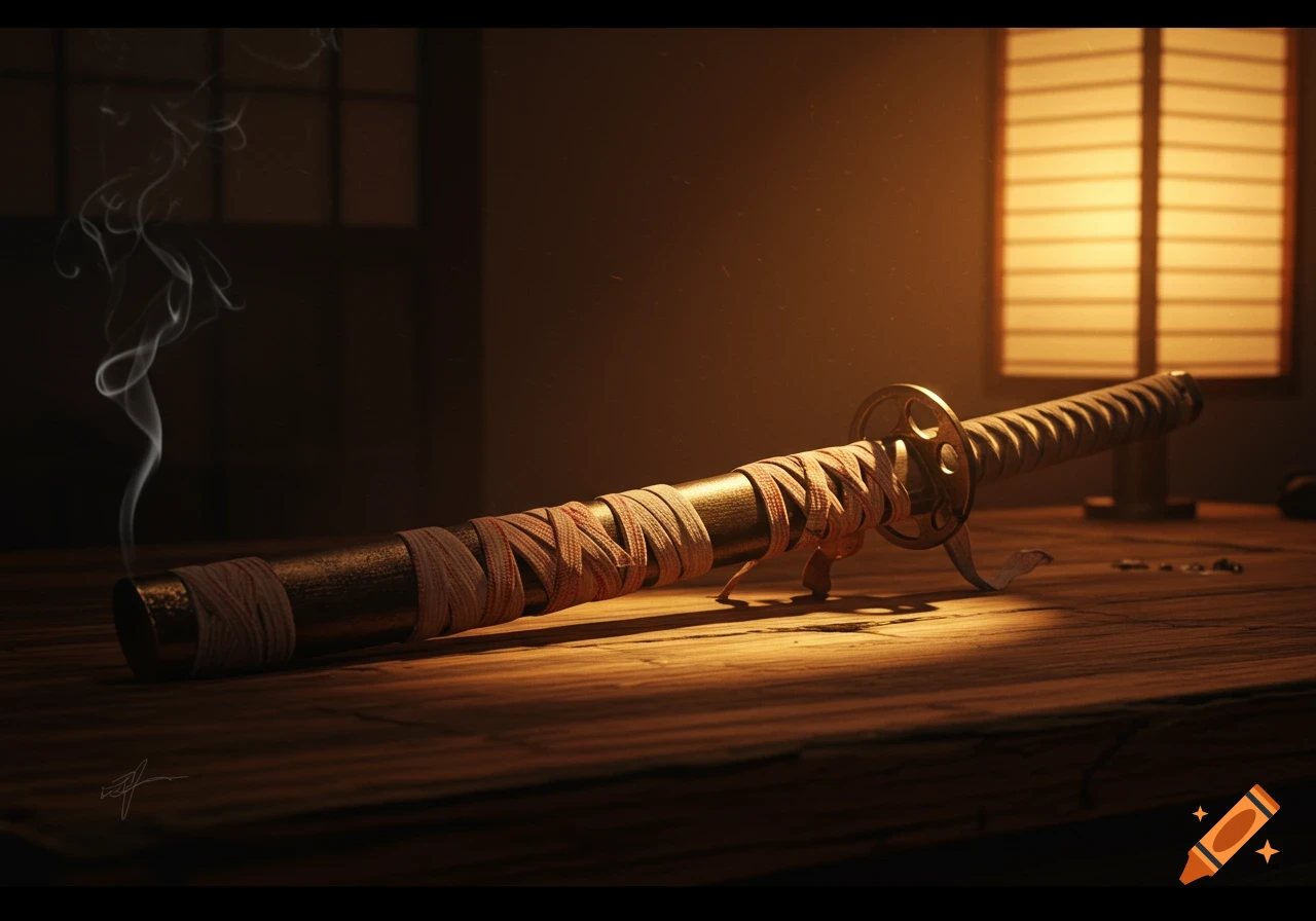 A katana in a bandaged scabbard rests on a wooden table, illuminated by warm light, with smoke rising.