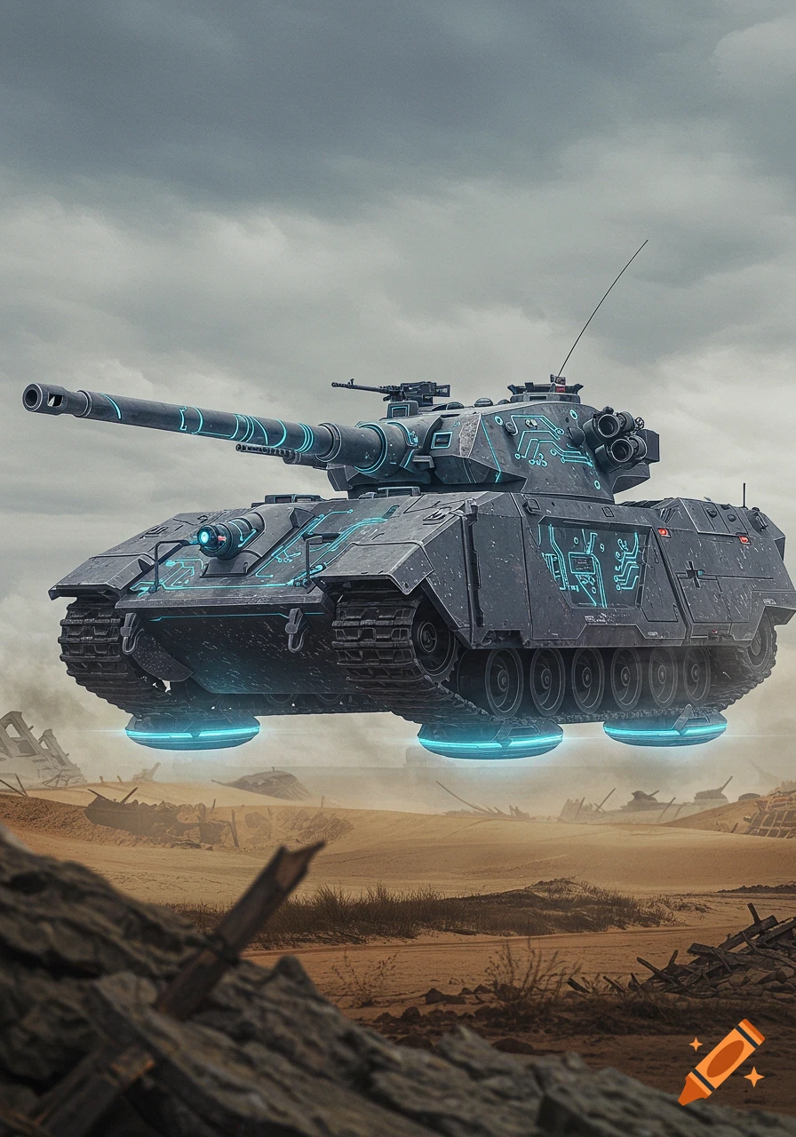 A futuristic dark gray hover tank with glowing blue circuit patterns floats above a desolate, debris-strewn landscape.