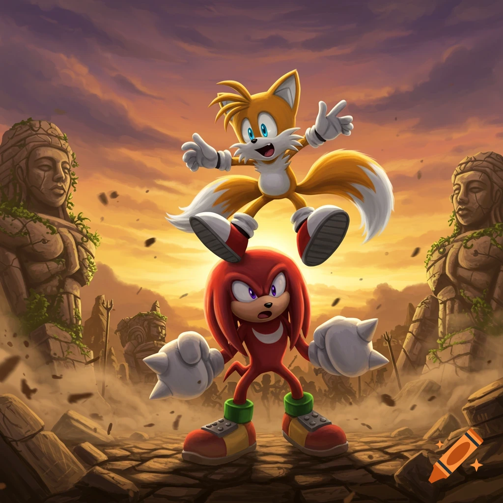 Tails jumps happily on Knuckles' head in a dynamic illustration, set against a fiery sunset and ancient ruins.