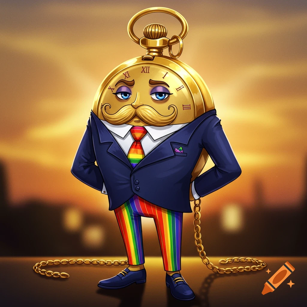 An anthropomorphic gold pocket watch character with a mustache, dark blue eyeshadow, a dark blue suit, a rainbow tie, rainbow-striped pants, and dark blue shoes, standing against a sunset background.