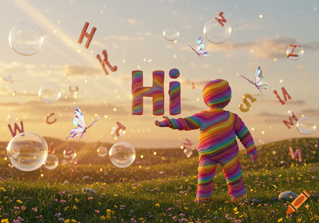Rainbow-striped figure reaching for floating 'Hi' text in a sunny, flower-filled field with bubbles and butterflies.