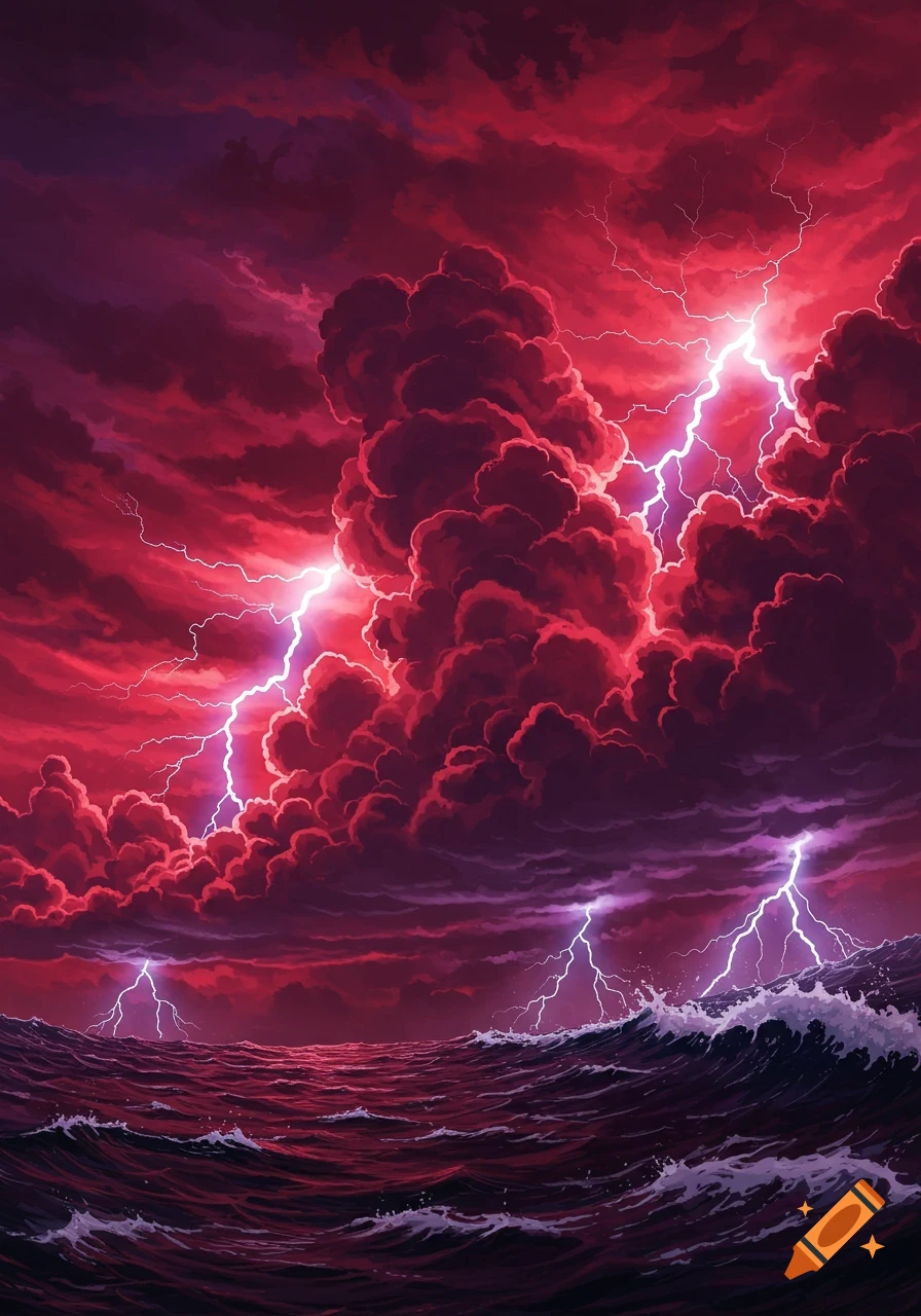 Dramatic anime illustration of a stormy sea under a fiery red and purple sky with bright lightning bolts.