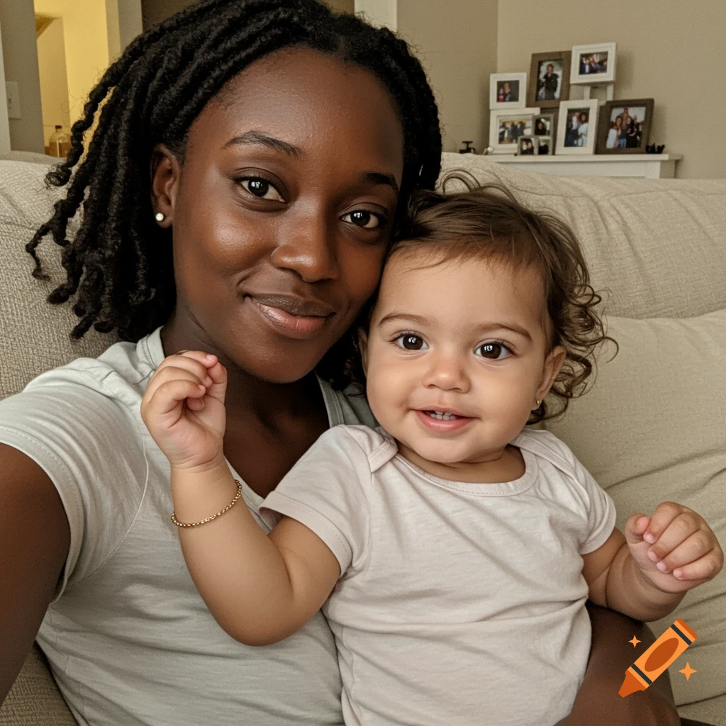 A smiling Black woman takes a selfie with a baby who has brown curly hair and a gold bracelet, sitting on a couch.