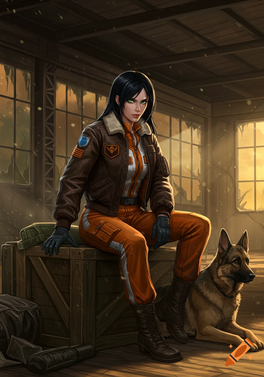 A woman with black hair and green eyes in an orange flight suit and brown bomber jacket sits on a crate next to a German Shepherd in a ruined hangar.