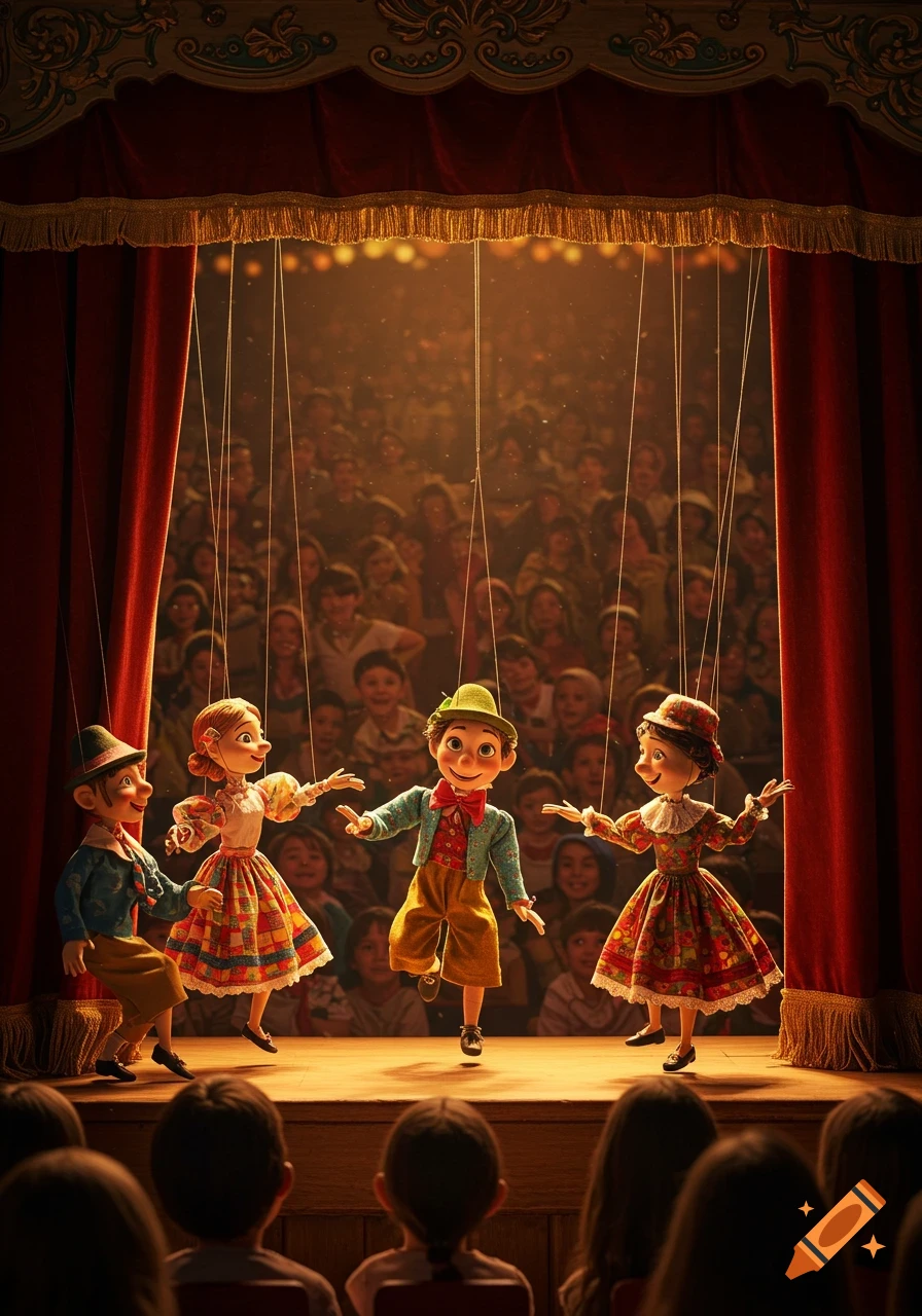 Four colorful puppets perform on a brightly lit stage for an audience of children, with red velvet curtains framing the scene.
